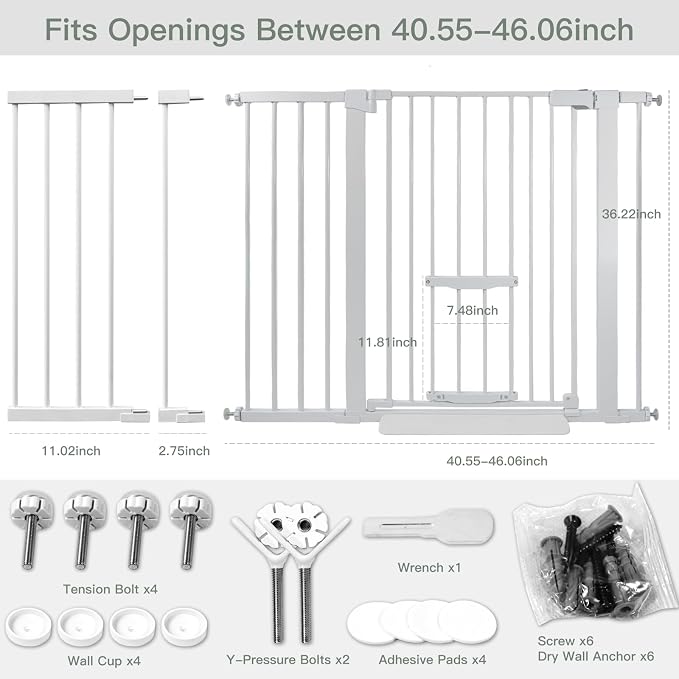 SHYUJAJIE 37 Inch Tall Baby Gate with Small Cat Door | Adjustable 29.55"-46.06 "Wide,Auto Close Dog Gate Easy Walk Thru Pet Gate for Stairs, Doorway, House, Pressure Mounted