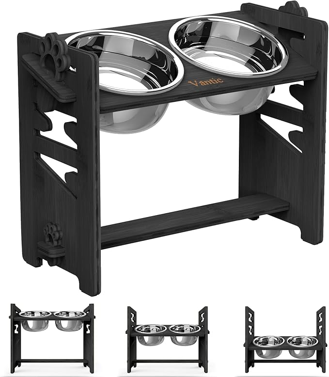 Vantic Elevated Dog Bowls, Raised Bowl Stand Adjustable Large/XLarge, Black | Bamboo Elevated Feeder with 2 Stainless Steel Bowls, Adjustable Height Stand for Large and Extra-Large Dogs