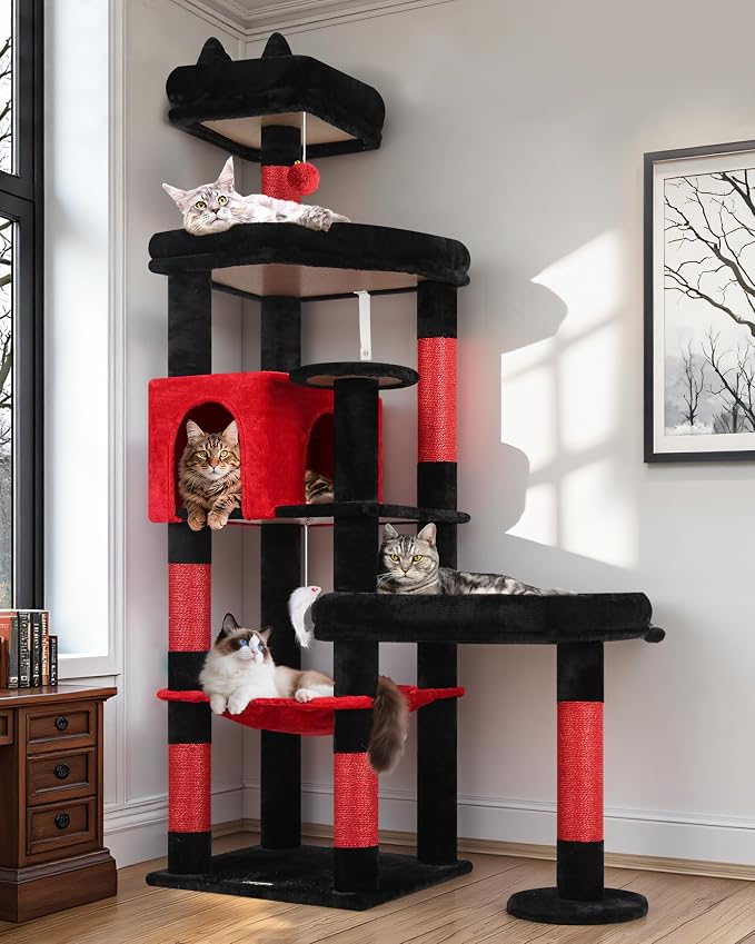 Globlazer Extra Large Platform Gothic Cat Tree, 65in Tall Sturdy Goth Cat Tower for Multiple Indoor Cats, Big Cat Tree for Large Cat with 3 Enlarged Perches, 6 Scratching Posts, Condo, S65, Red Black