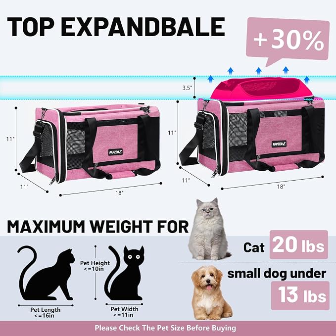 Top-Expandable Cat Carrier 18x11x11, United Delta American Airline Approved | Soft-Sided Small Dog Pet Carry Bag Travel Under-Seat in Cabin, Puppy Airplane Crate 10lbs TSA Plane Kitten Cage Kennel Pink