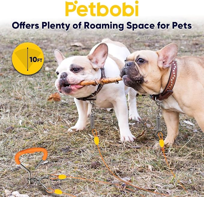 Petbobi Dog Tie Out Cable and Stake, 10ft Heavy Duty Dog Leads for Yard | 4in Shock Spring, 16in Spiral Ground Anchor, 360° No-Tangle Swivel, Chew-Proof Rustproof Wire, Up to 120 lbs, Outdoor Camping