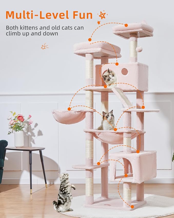Taoqimiao Cat Tree, 71 in Extra Large Cat Tower for Inddor Cats, MS026LP | 2 Large Cat Condos, 2 Cute Perches, Metal Frame Cozy Hammock, Durable Scratch Board, 8 Natural Sisal Posts, Basket, Pink