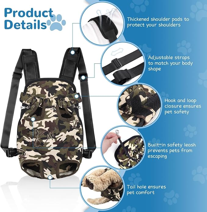 YUDODO Pet Dog Carrier Backpack Adjustable Front Carrier for Small Dog Cat | Legs Out Design, Easy-Fit Travel Backpack, Hiking and Walking, Durable Comfortable, Perfect for Outdoor, Camouflage green, M