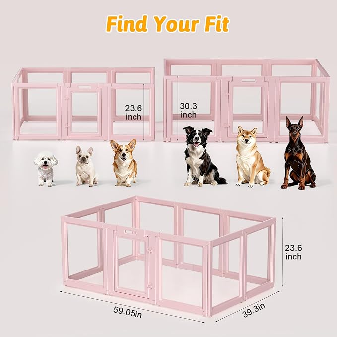 Acrylic Dog Playpen Indoor, Pink Dog Pen, Puppy Playpen, 10 Panels | 23.6" H, Skin Pink, Purple & Sky Blue, Clear View, No-Gap Escape-Proof, Tool-Free Setup, For Puppies & Small Dogs