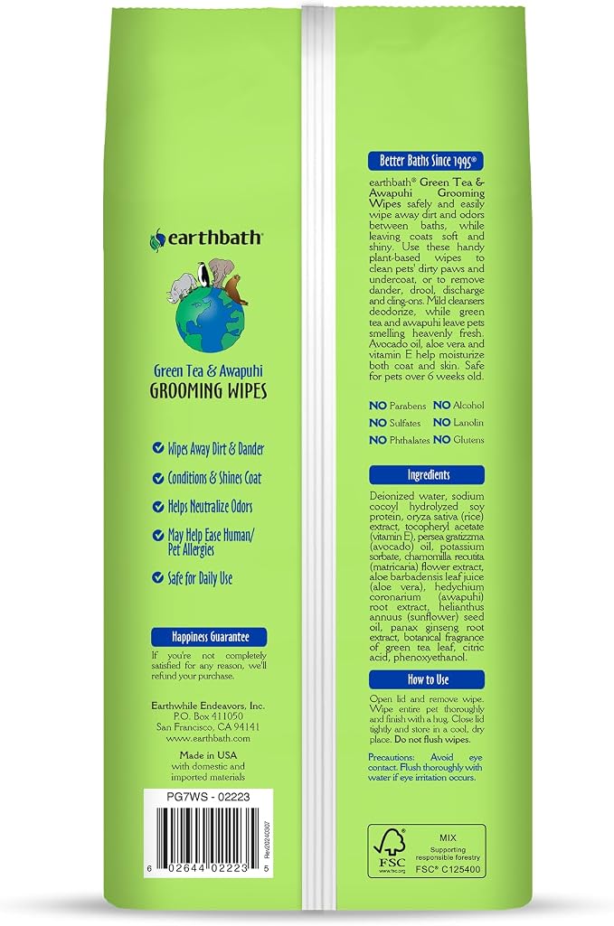 earthbath Green Tea & Awapuhi Grooming Wipes, 100 Count (2 Pack) | Dog Wipes for Paws and Butt, Made in USA