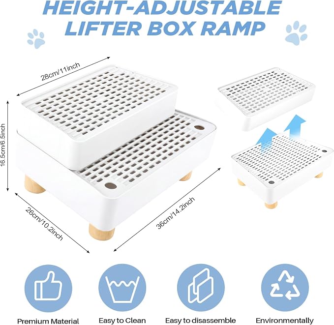 Adjustable Litter Box Step, Cat Litter Box Ramp/Catcher with Wooden Feet | 2 Steps,Fits Automatic Litter Box Steps, Filter Function, Anti-Tracking, Easy to Clean, For Small & Elderly Cats