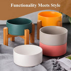 Yellow Ceramic Elevated Raised Cat Bowl with Wood Stand No Spill Pet Food Water Feeder Cats Small Dogs