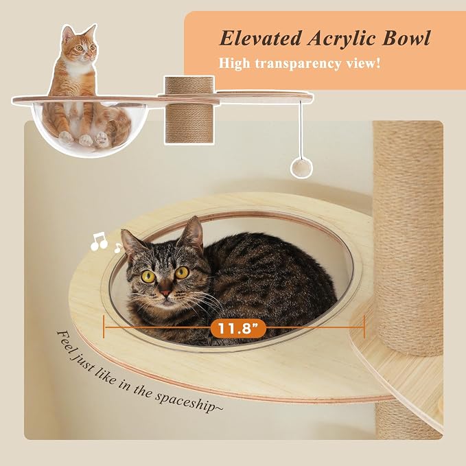 PETEPELA Floor to Ceiling Cat Tree, 79-103'' Adjustable Wood Tower, Beige | Tall wooden cat tower for indoor cats; 4'' all-sisal posts, acrylic bowl & pompom; tension top & wide base add steadiness