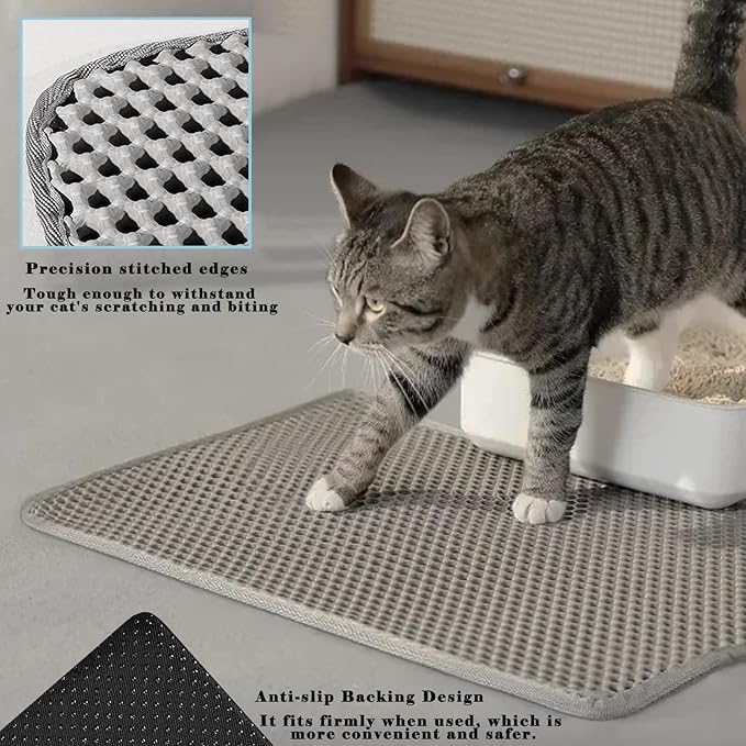 HCY&WLD Cat Litter Mat, Honeycomb Double Layer Litter Trapping Mat | Safe Materials, Soft on Paws, Waterproof Urine Proof Non-Slip, Protects Floors, Less Waste, Easy to Clean, Gray, 45" x 26"