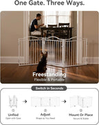 No Pawblems Full Metal Free Standing Dog Gate with Door, 30'' Tall | Foldable Freestanding Pet Gate for Indoor & Outdoor, Up to 78 Inch Extra Wide Dog Fence for Doorways, Stairs, Deck - White