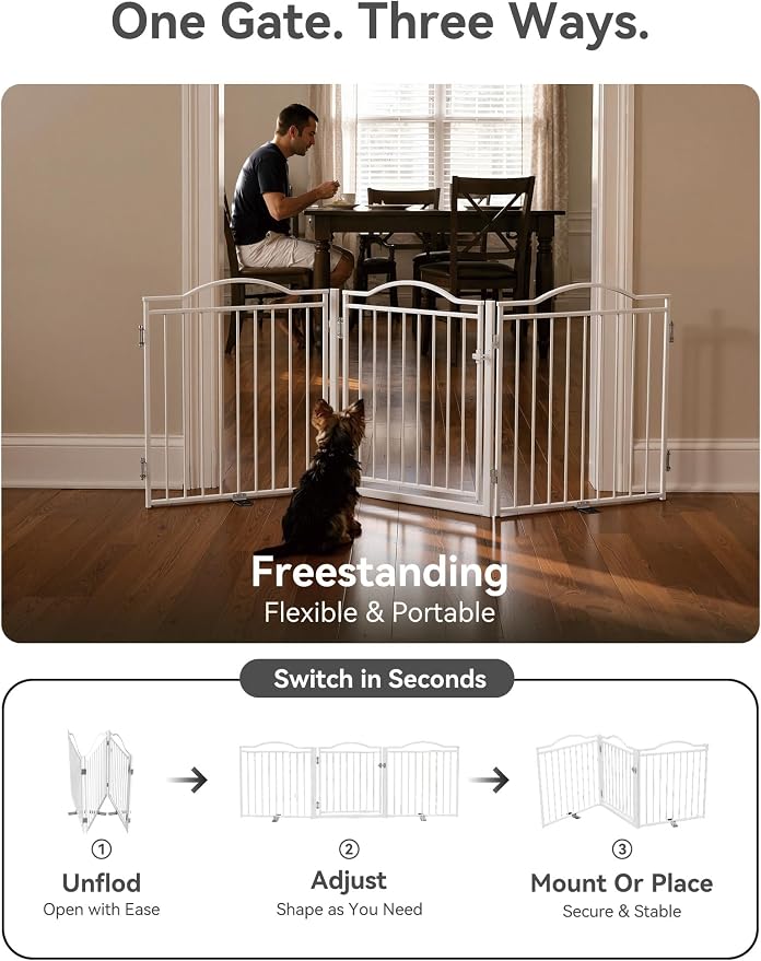 No Pawblems Full Metal Free Standing Dog Gate with Door, 30'' Tall | Foldable Freestanding Pet Gate for Indoor & Outdoor, Up to 78 Inch Extra Wide Dog Fence for Doorways, Stairs, Deck - White
