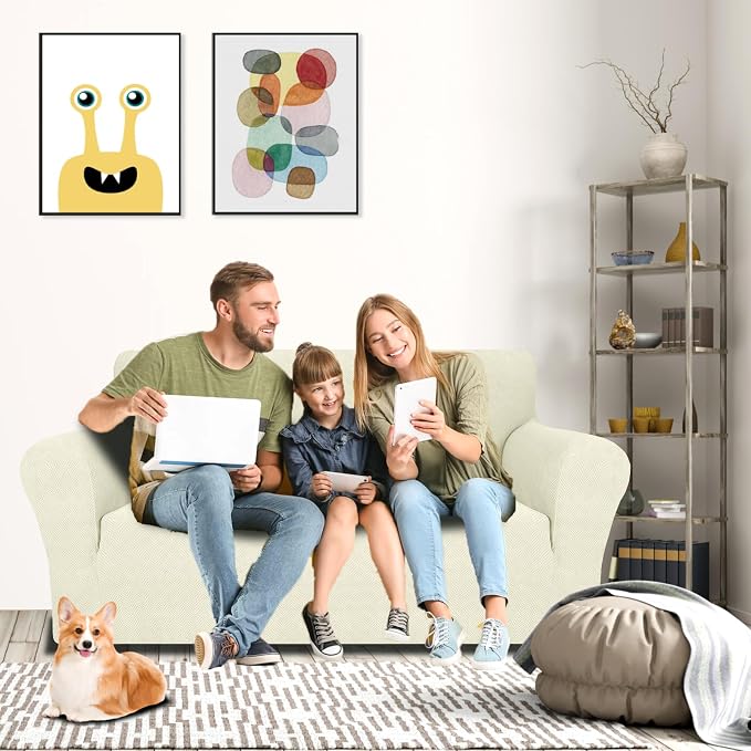 MAXIJIN Loveseat Cover Sofa Covers (55"-69"), 1-Piece Stretch Couch Covers for 2 Cushion Couch Love Seat Slipcover with Elastic Bottom for Kids,Dog (Loveseat, Diamond Pattern Beige)