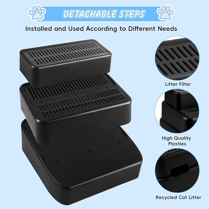 3 Step Litter Box Ramp Adjustable Detachable Litter Box Step, Black