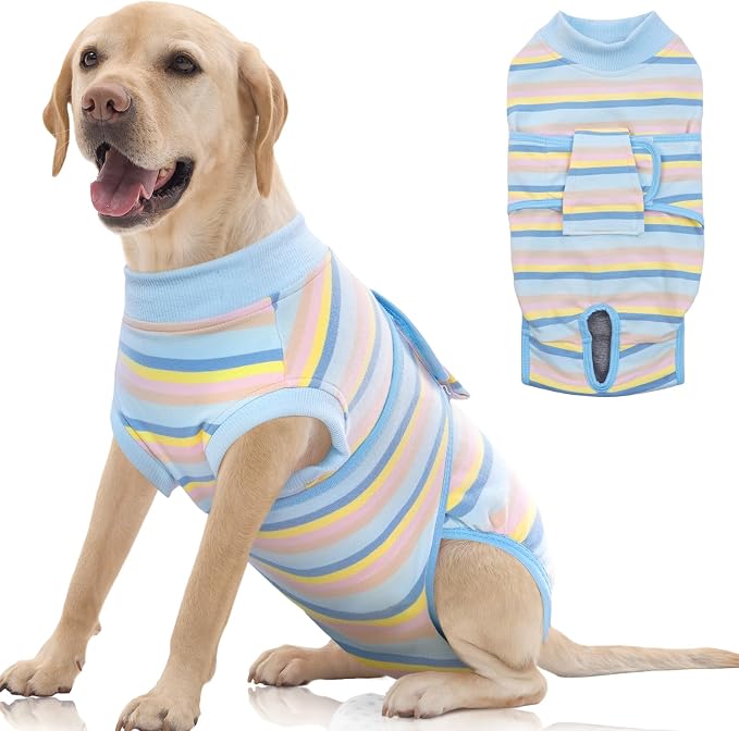 FUAMEY Dog Surgery Recovery Suit, Surgical Suit for Dogs Onesie for Surgery | Cone Alternative after Surgery, Abdominal Wound Protector, Onesie for Dogs after Surgery Spay Neuter, Blue Yellow Stripes XL