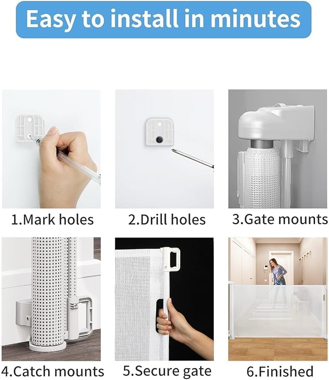 Retractable Baby Gate for Stairs – 33” Height, Expands up to 71” Width – Safety Gate for Infants, Toddlers, Dogs & Pets – Easy Install, Secure Closure, White Mesh Design for Indoor & Outdoor Use