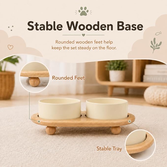 Havniva Raised Cat Bowl 5.1” Elevated Ceramic Cat Food and Water Bowl Set | Cat Bowls Elevated, Whisker Friendly Cat Bowl, Non-Slip Wood Stand, Food-Grade Ceramic, Wide Opening, Dishwasher Safe