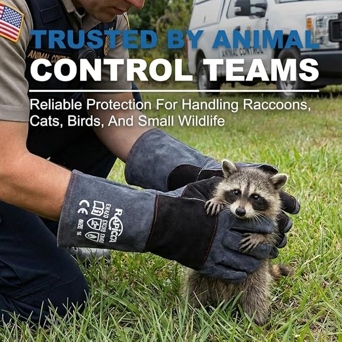 RAPICCA Animal Handling Gloves, Bite Proof Double Leather, 16 in Grey-Black | For Dog, Cat, Bird, Falconry, Snake & Reptile Handling; Vets, Groomers & Animal Control Teams