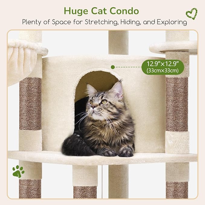 Globlazer Corner Cat Tree, 51in Curved Series Modern Cat Tower for Indoor Cats with Hammock, 7 Sisal Scratching Posts, Large Fan-Shaped Platform for Large Cats, Cat Condo & Hanging Basket, C51, Beige