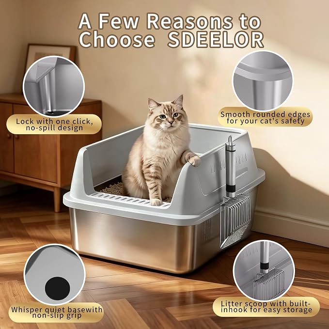 XL Enclosed Stainless Steel Cat Litter Box with Lid, Extra Large Metal Litter Box for Big Cats,High-Sided Anti-Urine Leakage, Odor-Free Non-Stick, Easy to Clean, Includes Metal Scoop