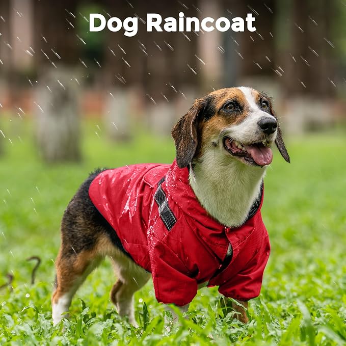 JoyDaog Dog Raincoat with Hood, Waterproof Dog Rain Jacket for Medium Dogs | Waterproof dog rain jacket with hood and pockets for rainy walks, outdoor activities and everyday protection,Red M