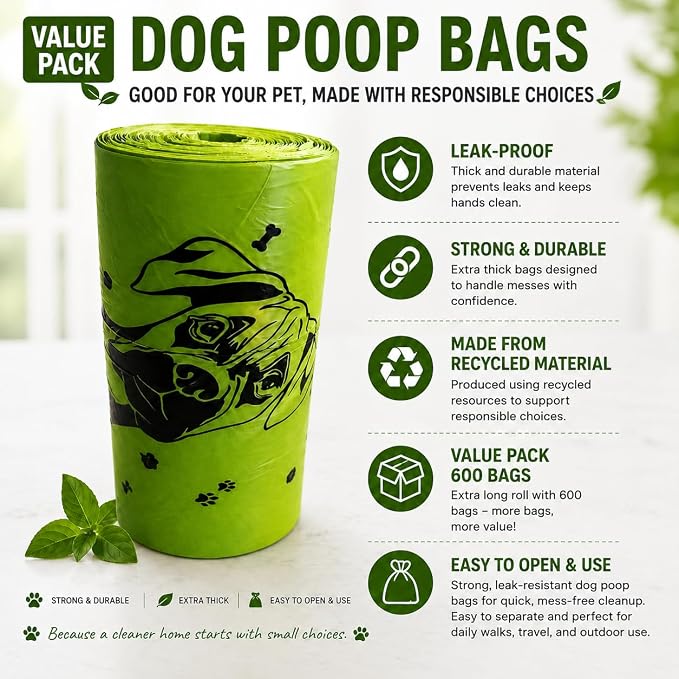 Dog Poop Bags One Big Roll (600 ct.) Doggy Poop Bags Pet Waste Pickup Bag Cat Waste Disposal Bags (1 Roll, 600 Bags)