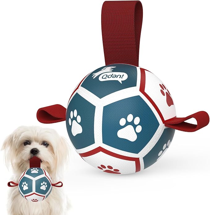 QDAN Small Dog Toys, Puppy Balls, Dog Balls with Straps for Small Breed | 3.5 Inch Small Soccer Ball for Dogs, Puppy Toys for 3-15 lbs Dogs, Dog Birthday Gift, Herding Ball for Small Dogs, Blue Red