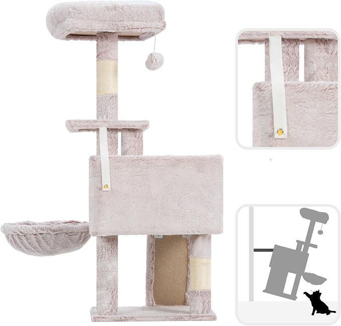 Gitelsnour Cat Tree Tower 42'' with Condo, Indoor Scratching Post GCT005SMU | Cat House for Small and Kittens, Soft Basket, 2 Large Platforms, Scratching Board, Multi-level, Toy, Mushroom