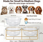 Elevated Dog Bowl Set of 2 - Double Glass Bowls with Gold Iron Stand - Raised Dishes Comfortable Feeding - Ideal for Small to Medium Sized Dogs