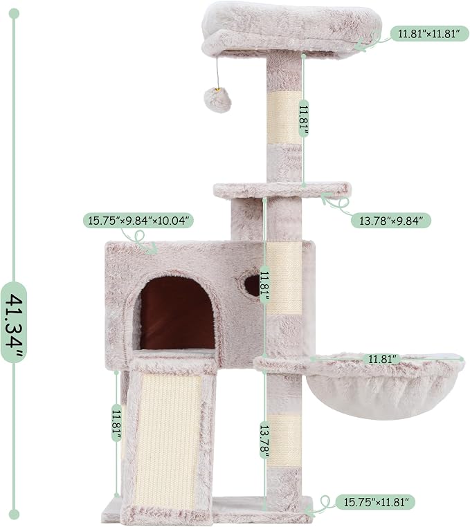 Gitelsnour Cat Tree Tower 42'' with Condo, Indoor Scratching Post GCT005SMU | Cat House for Small and Kittens, Soft Basket, 2 Large Platforms, Scratching Board, Multi-level, Toy, Mushroom