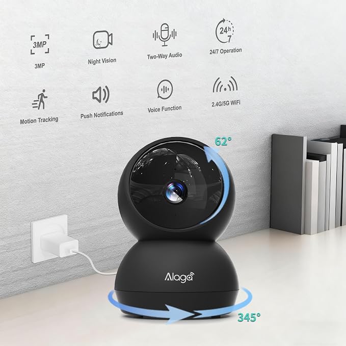 Security Camera, 2K HD Indoor Security Camera, 360 Degree Pan/Tilt Pet Camera 2.4G and 5G WiFi, Motion Detection, 2-Way Audio, Siren, Night Vision, Cloud SD Card Compatible Alexa Google Assistant