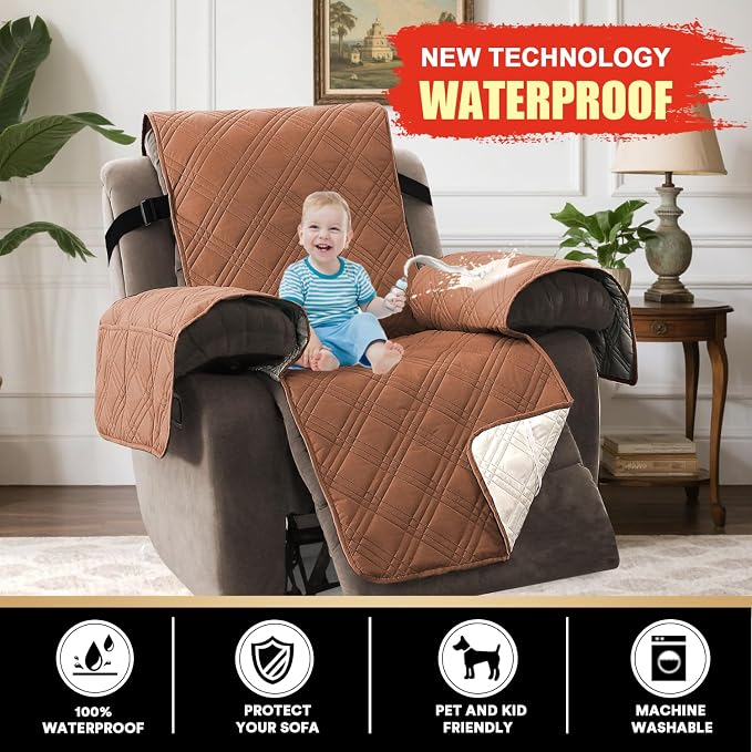 Recliner Cover 100% Waterproof Couch Cover Sofa Cover for Living Room Water Resistant Furniture Protector with Elastic Straps for Pets Dog(Recliner28,Terracotta)