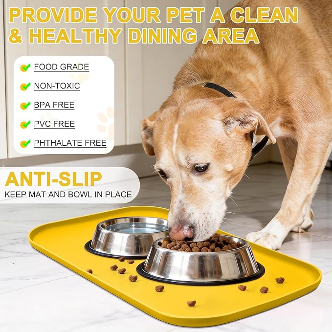 SMILOOL Silicone Pet Food Mat with Raised Edge for Food and Water Bowl, Dog Feeding Mats, Cat Food Trays for Floor Waterproof, Rubber Tray for Dogs and Cats, 22 x 14 x 0.8 Vivid Yellow