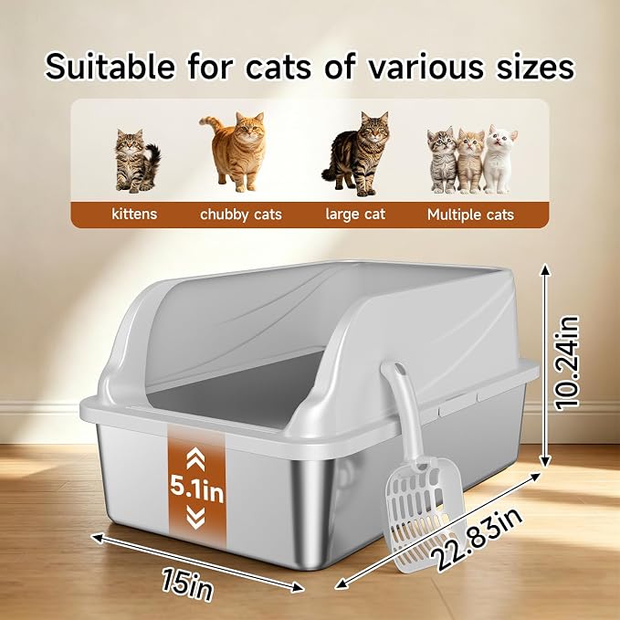 Stainless Steel Litter Box XL | Prevents Urine Leakage Includes Scoop Durable & Sturdy Odor-Resistant