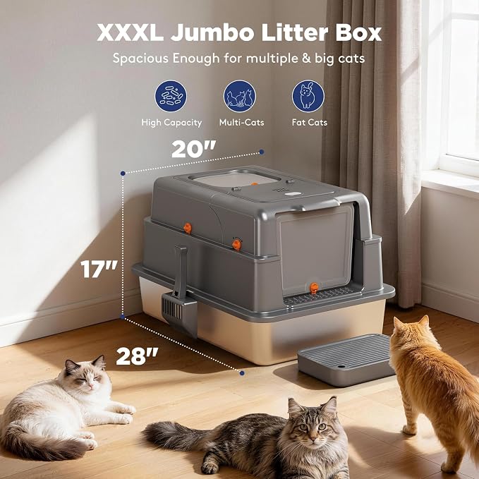 FURTIME XXXL Extra Large Enclosed Stainless Steel Litter Box with Lid | Large Enclosed Cat Litter Box for Big Cats, Metal Cat Box with High Sided Enclosure & Scoop, Grey
