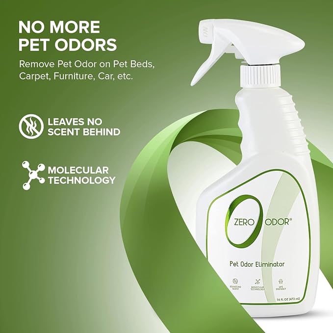 Zero Odor Pet Odor Eliminator Spray for Dog & Cat Urine, Carpet Deodorizer | Enzyme free, Urine Smell Eliminator for Pet Beds, Litter Areas & Furniture, 16 FL OZ