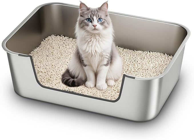Qiuma Stainless Steel Cat Litter Box with Low Entry, Large Metal Kitty Litter Box for Senior or Injured Cats, Odor-Free, Non-Stick, Easy to Clean, 23.4"x15.6"x7.8", for Multiple Cats