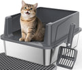 FURTIME Stainless Steel Cat Litter Box, Small Cats Metal Litter Box | High-Sided Open-Top Easy-Clean Litter Pan, Non-Stick, Anti-Leakage, Odor-Free, Comes with Scoop & Mat, 17"×13"×8.4"