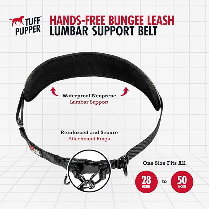 Tuff Pupper Hands Free Bungee Dog Leash, Waist Belt for Running & Walking | Heavy Duty for One Large Dog up to 125 lb, Shock Absorbing with Lumbar Support & Reflective Padded Handles for Jogging