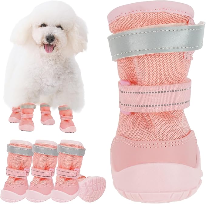 Breathable Dog Boots for Summer, Non Slip Mesh Shoes Reflective & Adjustable Puppy Shoes for Hot Pavement Protection, Anti-Slip Sole Booties for Walking Running, Pink, Size 3