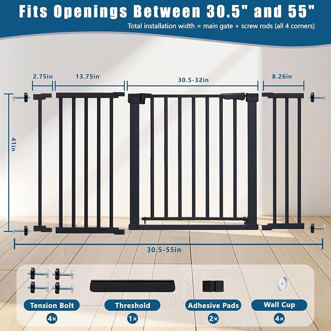 Rgqphantom 41" Tall Safety Pet Gate,Adjustable 30.5"-55" Wide(Black) | Auto Close Cat Gate Suitable for Stairs,Doorways,White, Pet Safety Barrier