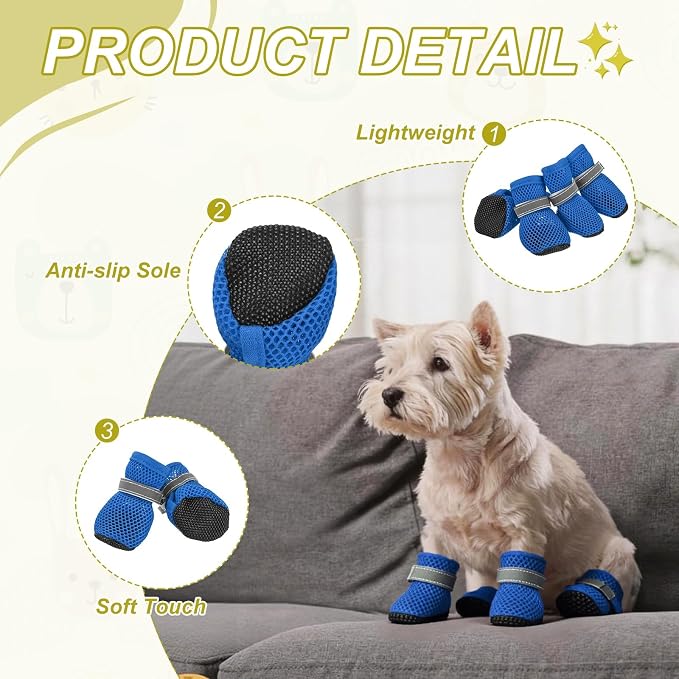 Dog Boots Paw Protector, Reflective Adjustable Non Slip Mesh Summer Breathable Dog Shoes Dog Walking Boots (L Size, Blue, 4 Pcs) Intended for Paws Waterproof for Dogs/Cat/Puppy