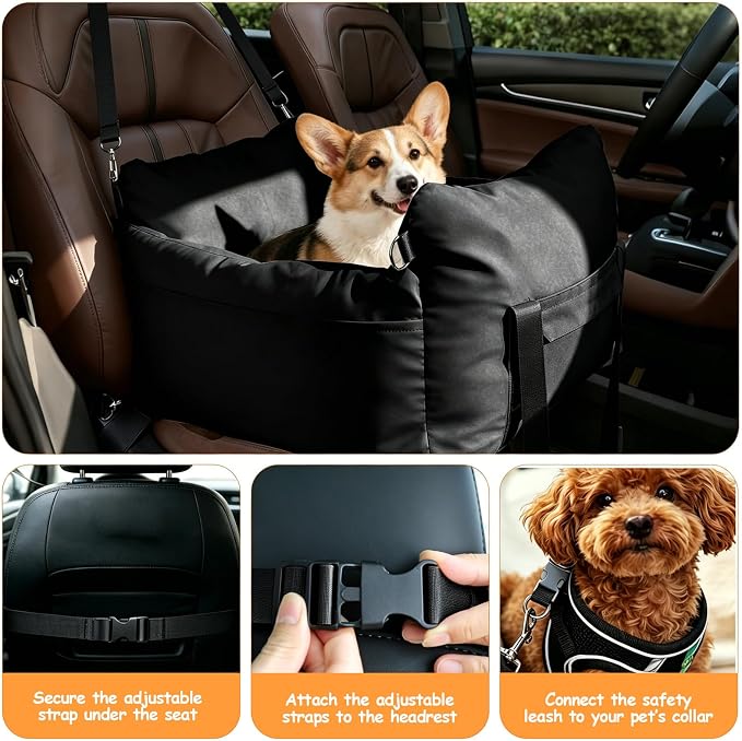 Dog Car Seats for Small Dogs, 2-in-1 Pet Booster Seat with Side-Zip Expandable Bed, Handles and a Storage Pocket, Clip-On Safety Leash and PP Cotton Filling, Vehicle Bed for Puppy up to 25 lbs (Black)