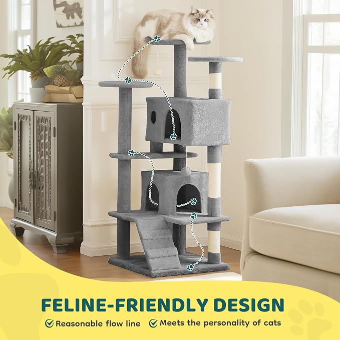 54 Inch Cat Tree Tower with Sisal Scratching Posts | Multi-Level Cat Tower with Climbing Ladder, Play Toy Balls House for Indoor Cats, Light Grey