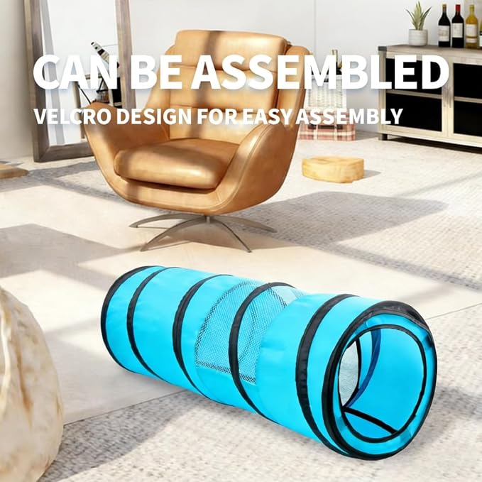 PAWISE Cat Tunnel for Indoor Cats, Collapsible Pet Tube with Peek Hole | Peek hole, tear-proof polyester, 10.5x34.5in, for cats rabbits, blue