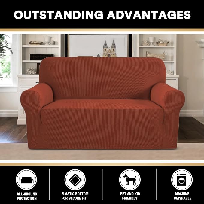 Stretch Loveseat Sofa Cover Slipcover Couch Cover for 2 Cushion Sofa Washable Sofa Cover for Pets Friendly Furniture Protector Covers with Non Slip Bottom(Loveseat, Rust)