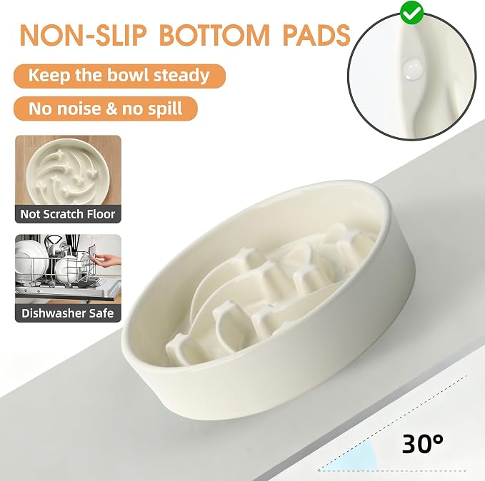 Ceramic Slow Feeder Dog Bowls Large Breed, 2 Cups, 8.3 Inch Beige | 2 cups raised maze bowl slows fast eating for medium and large dogs; heavy ceramic, non-slip and dishwasher safe.