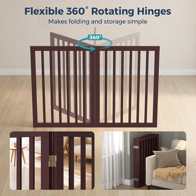 Homykic Dog Gate Indoor, 142" W x 30" H Extra Wide Foldable Bamboo Pet Gate with Door, No Assembly Freestanding Dog Fence with 2 Support Feet & 360°Hinges for Doorways Hallways (Espresso, 6 Panels)