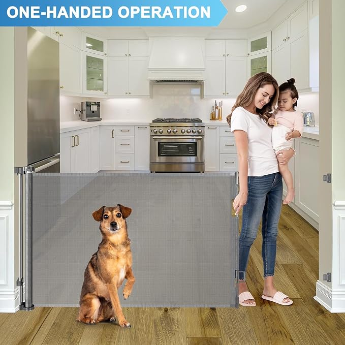 55 Inch Wide Retractable Baby Gate Mesh Dog Gate, Indoor & Outdoor, Gray | Retractable Gate for Stair/Doorway, Space-Saving, Easy One-Hand Operation, Safety Lock, Scratch-Resistant Mesh, Easy Install