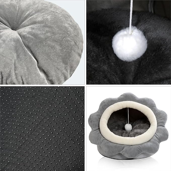 Cat Beds for Indoor Cats - Sun Flower Shaped Cute Cat Cave Bed,Gray L | Super Soft Plush Calming cat Tent house for Kitten&Puppy with Toy,Machine Washable&Thick and Removable Sushion,cat Hideaway