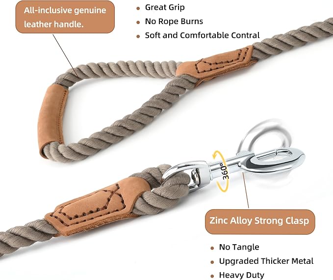 Mile High Life Dog Leash Braided Cotton Rope w/Leather-Wrapped Ends/Handle | Rust-proof 360° swivel clasp, Heavy-duty for medium/large breeds. Great for weddings, daily walks (5 FT, 1/2", Black)